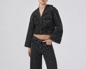 Hayley Menzies NWT Studded Acid Wash Black Denim Bell Sleeve Jacket XS $665